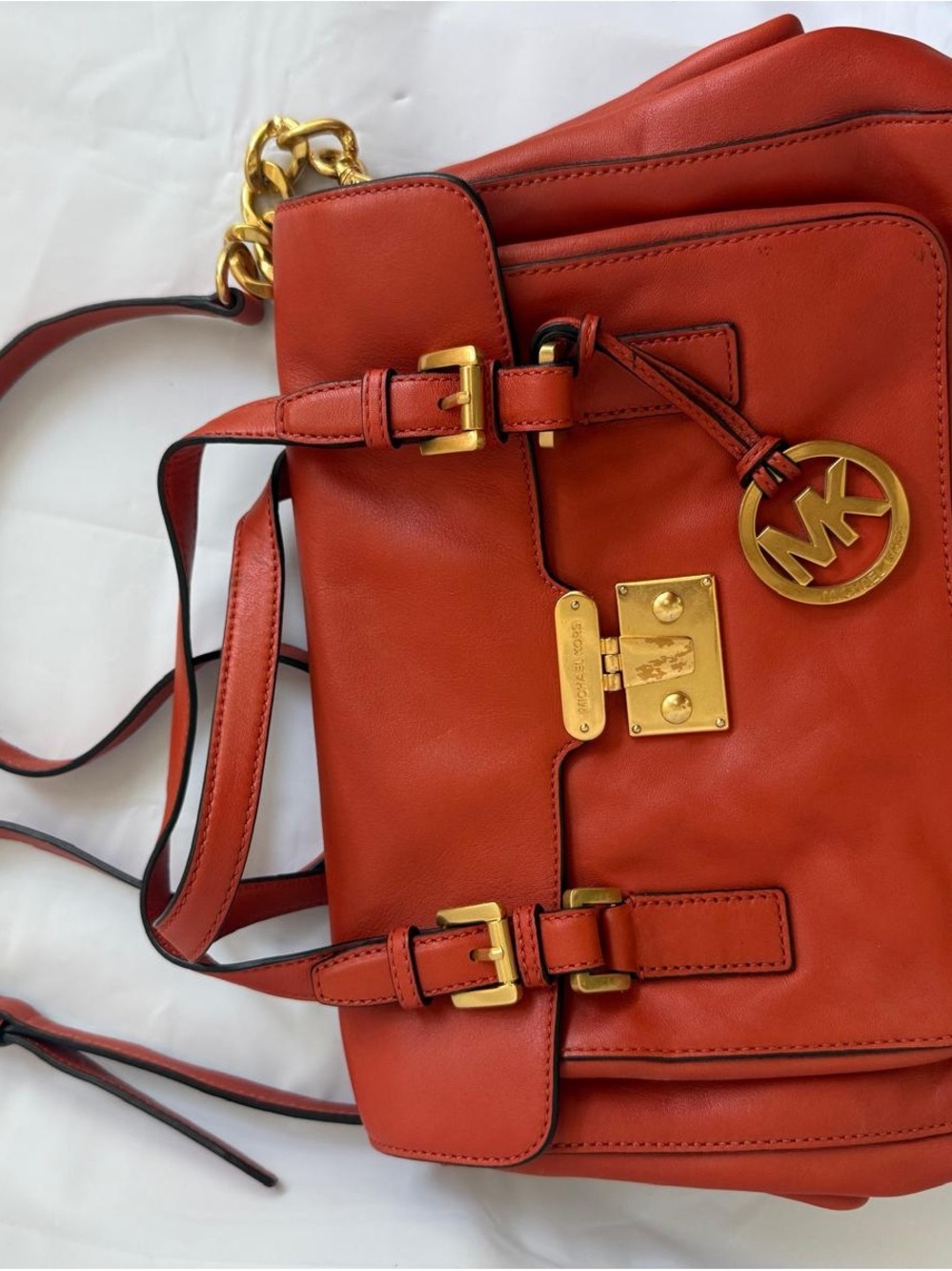 Michael Kors Orange-Red Leather Shoulder Bag with Gold Accents